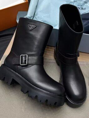 Prada Black Leather Platform Combat Boots